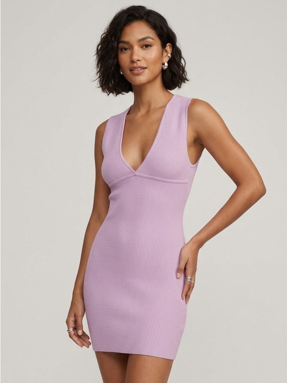 Aritzia Lilac Ribbed V-Neck Bodycon Dress